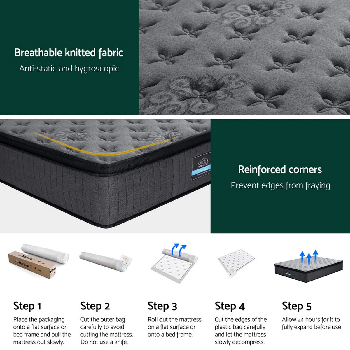 34cm King Mattress Euro Top Gel Memory Foam Pocket Spring Grey