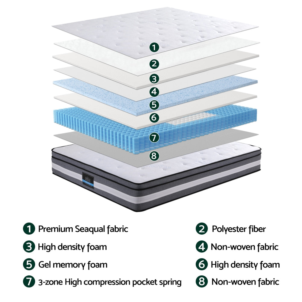 Queen 30cm Gel Memory Foam Pocket Spring Mattress Medium Firm Seaqual Cover