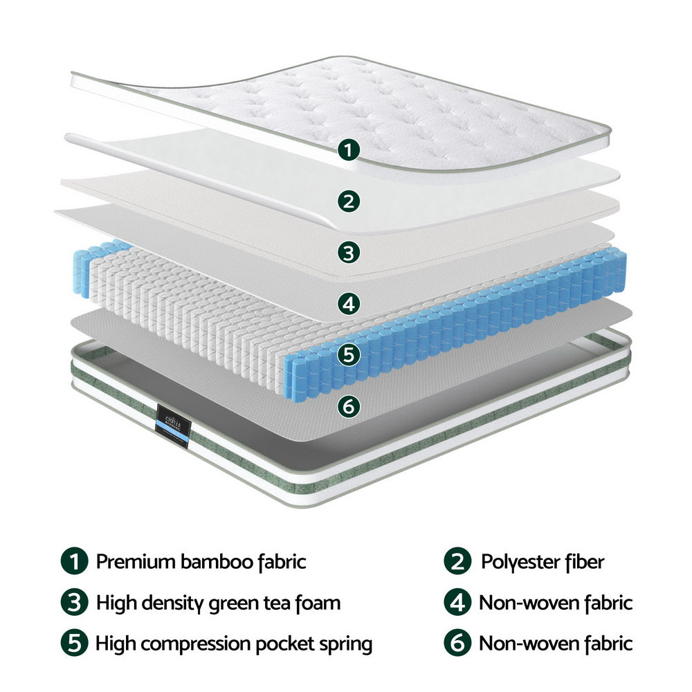 Double 20cm Green Tea Foam Pocket Spring Mattress Medium Firm Bamboo Cover
