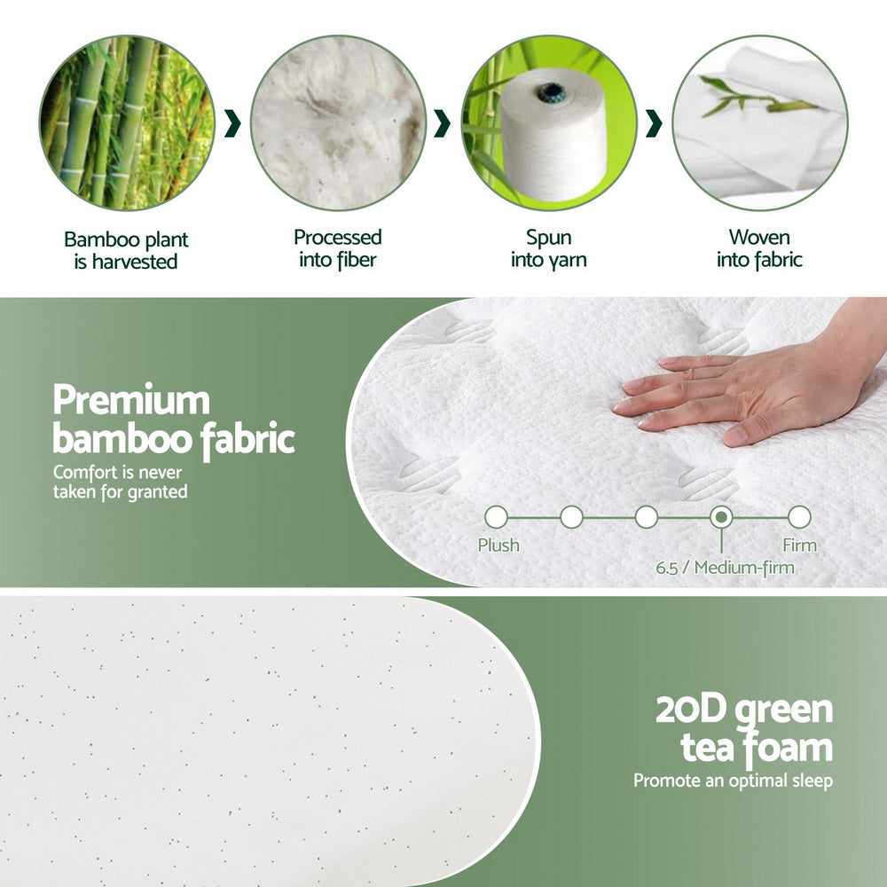 Double 20cm Green Tea Foam Pocket Spring Mattress Medium Firm Bamboo Cover