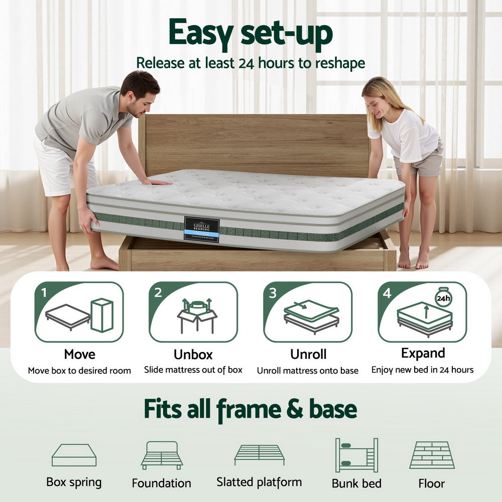 Queen 20cm Green Tea Foam Pocket Spring Mattress Medium Firm Bamboo Cover