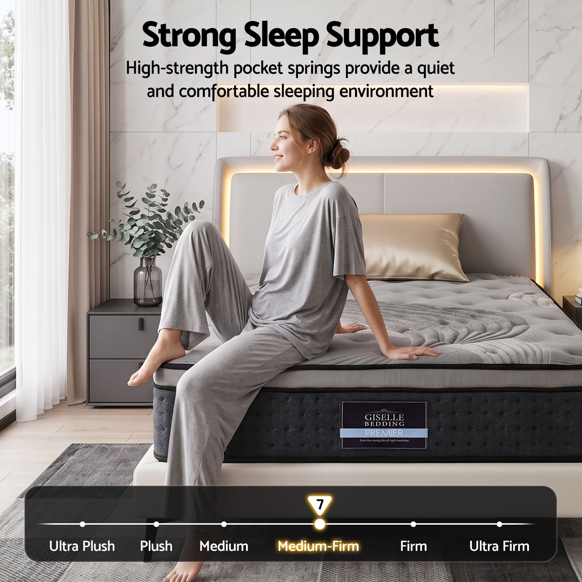 King Single Mattress 34cm Pocket Spring Euro Top Medium Firm Bamboo