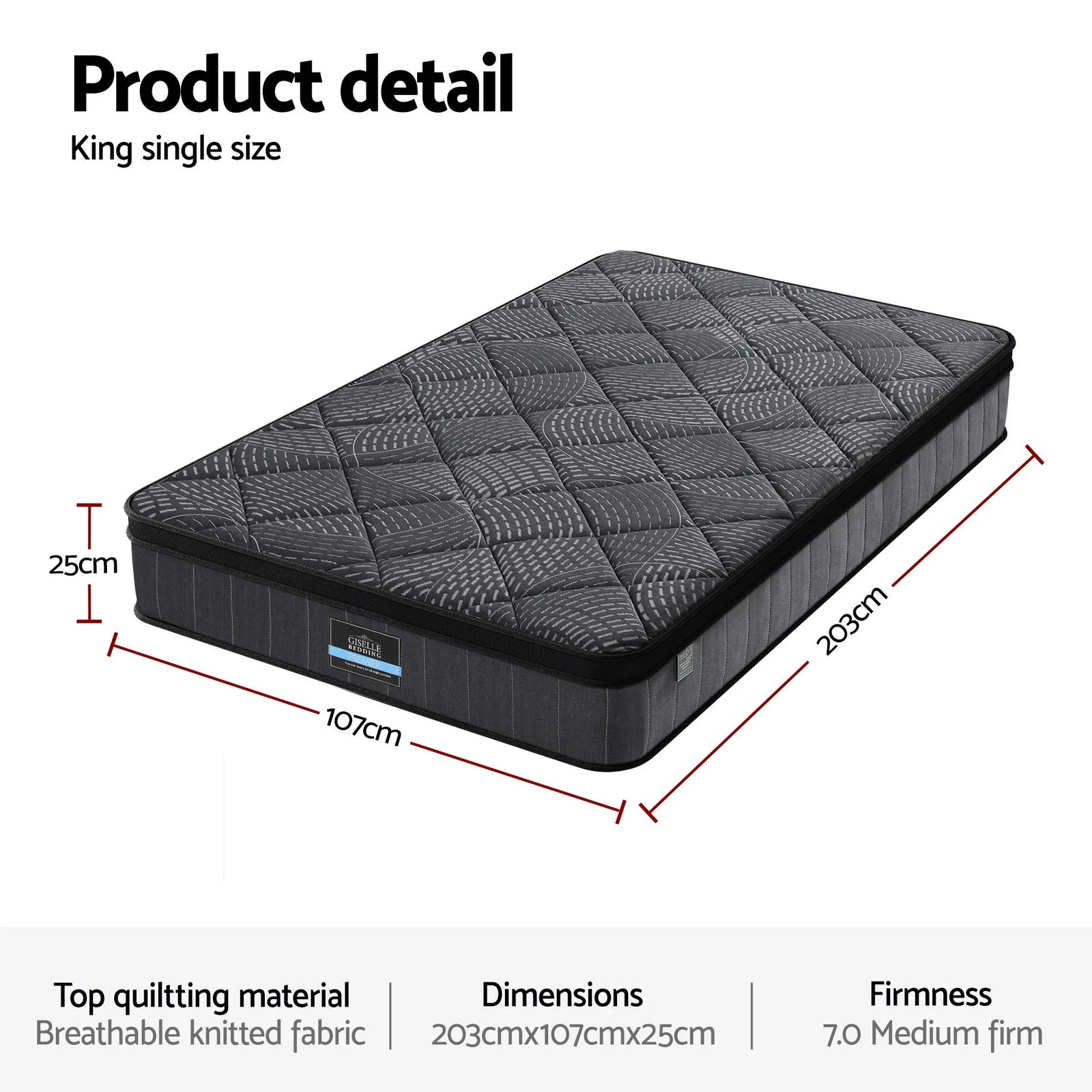King Single Mattress 25cm Pocket Spring Latex Euro Top Medium Firm Bed