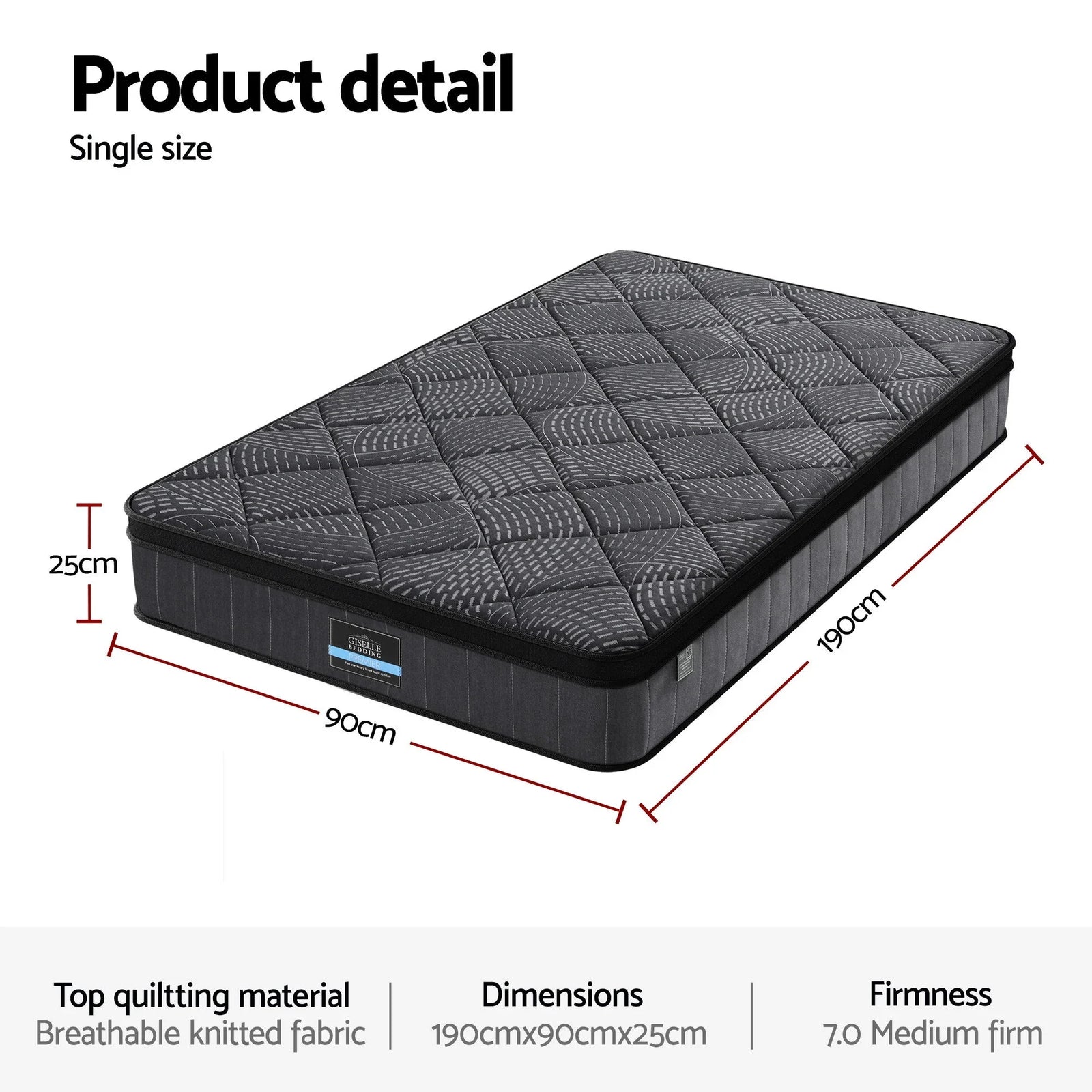 Single Mattress 25cm Pocket Spring Latex Euro Top Medium Firm Bed