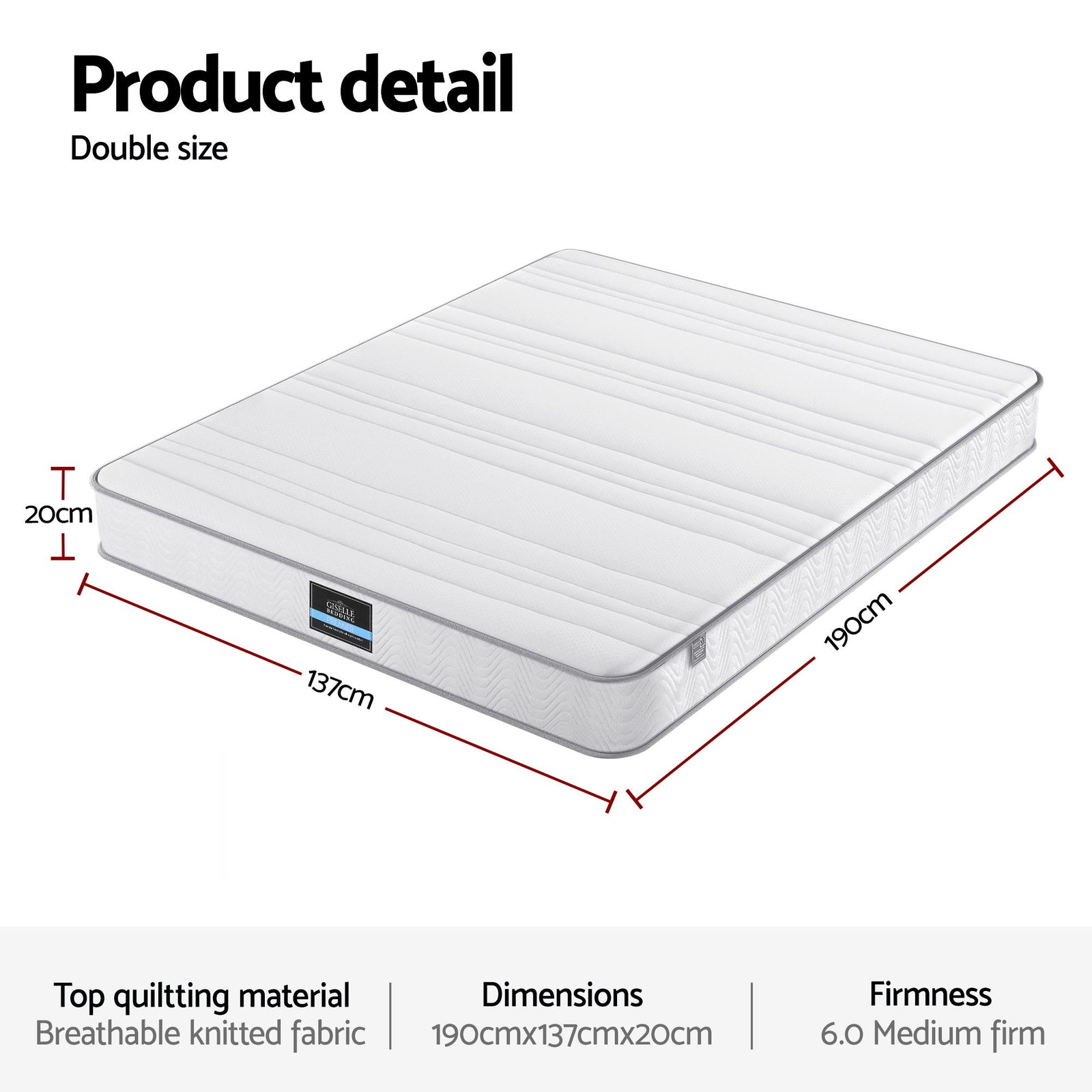 Giselle Double Mattress 20cm with Reinforced Edge Support Egg-Crate Foam