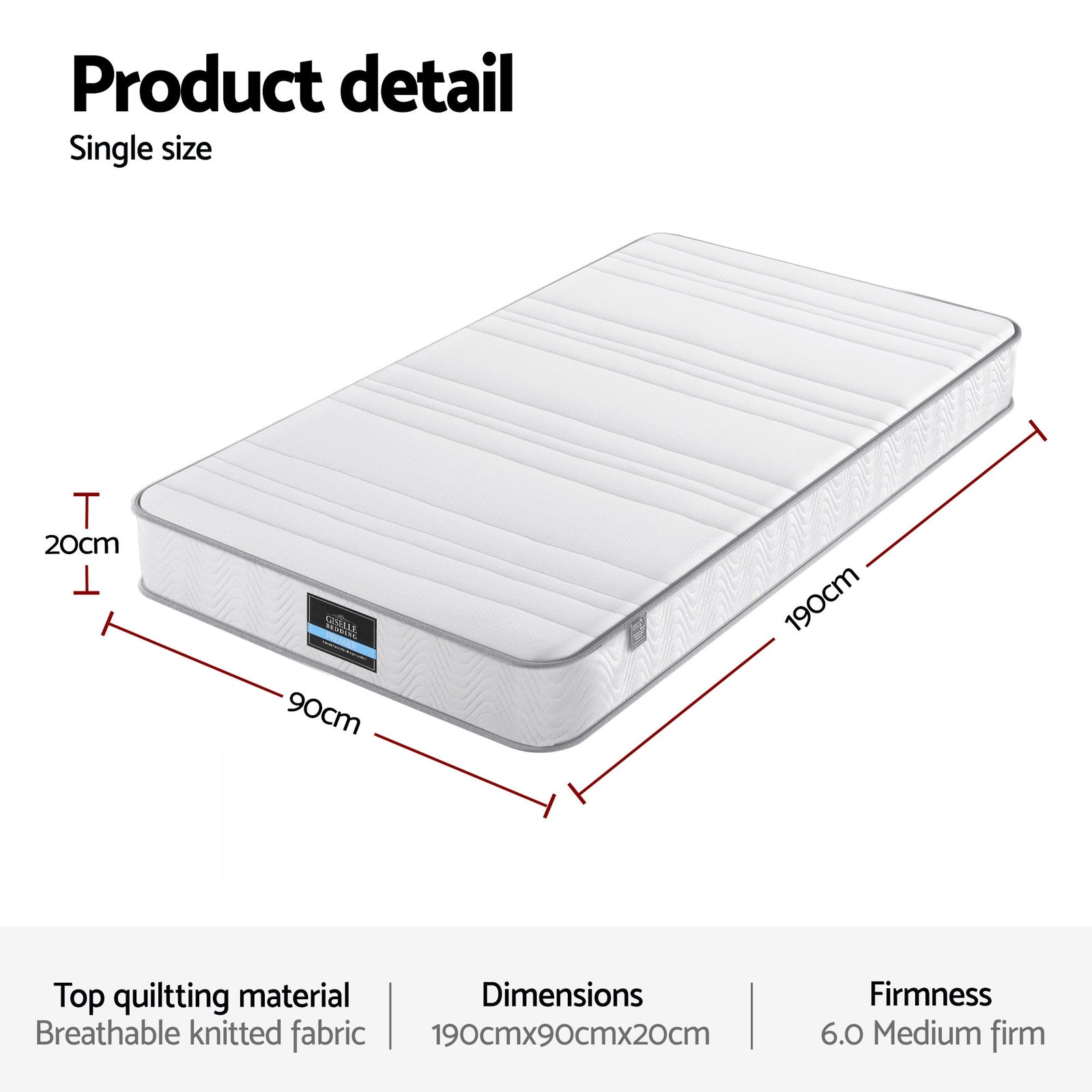 Giselle Single Mattress 20cm with Reinforced Edge Support Egg-Crate Foam