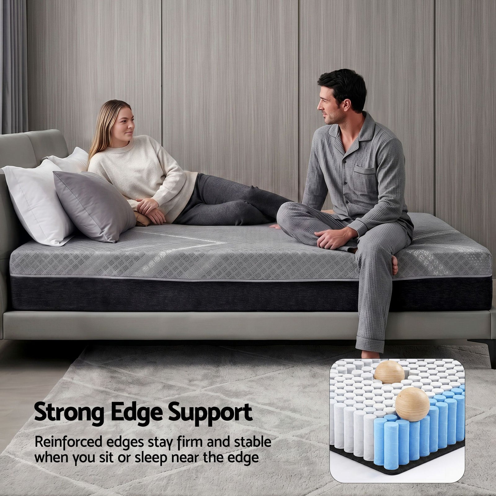 Giselle Queen Mattress 26cm Firm Pocket Spring Dual Edge Support Dark Grey
