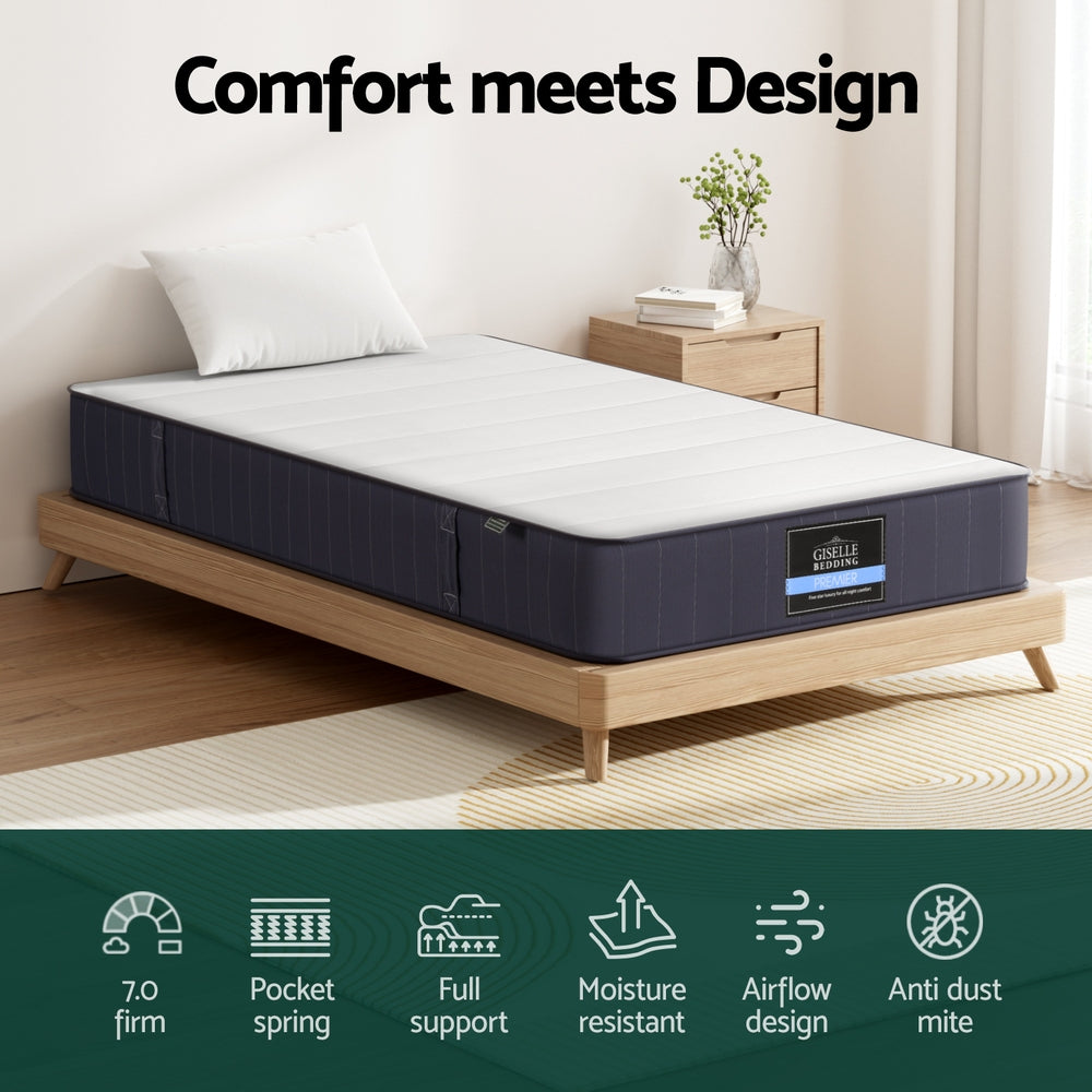 Giselle 20cm King Single Mattress Pocket Spring Firm Tight Top Bed