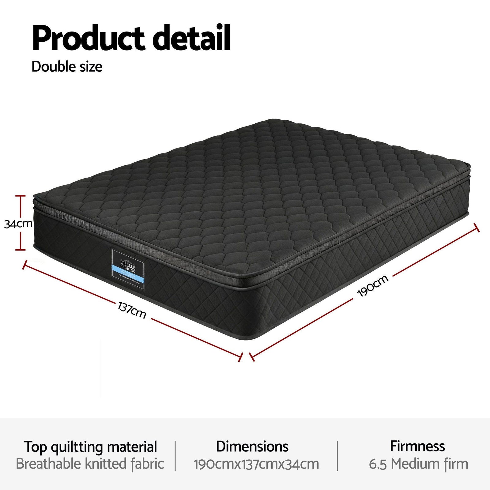 Giselle Bedding Double Mattress 34cm Euro Top with 5-Zone Pocket Spring Support Black