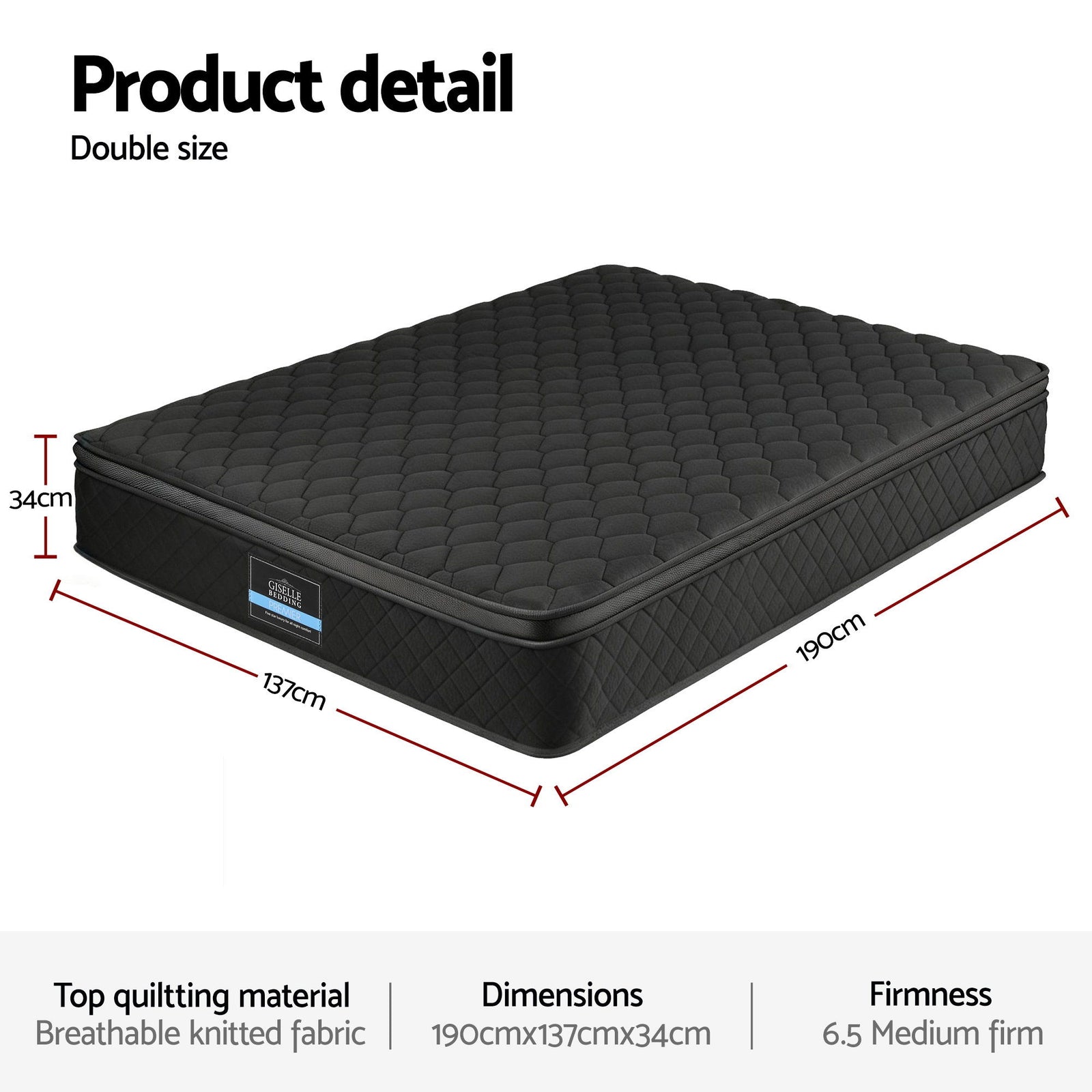 Mattress 34cm 5-Zone Pocket Spring Egg-crate Memory Foam Double