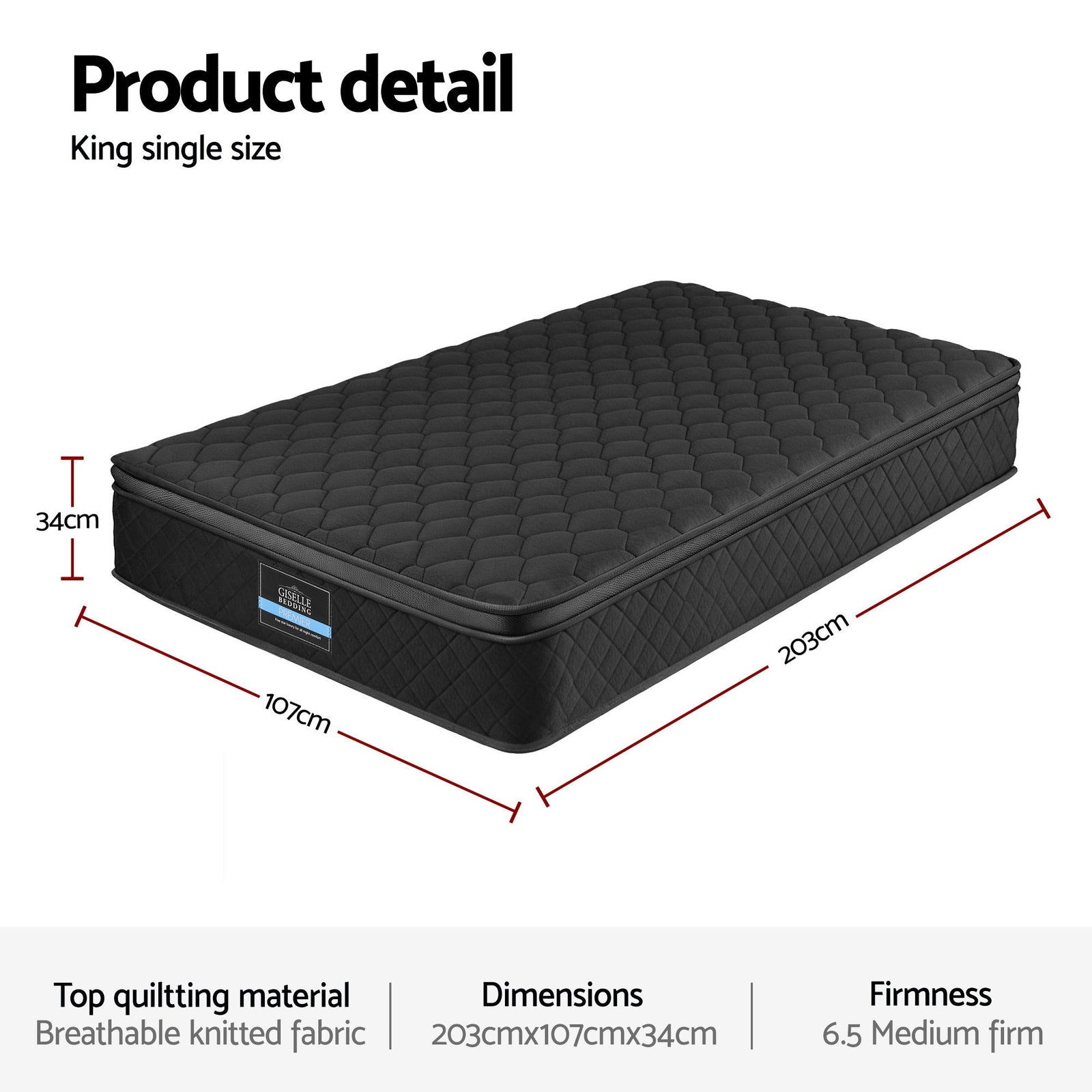 Mattress 34cm 5-Zone Pocket Spring Egg-crate Memory Foam King Single