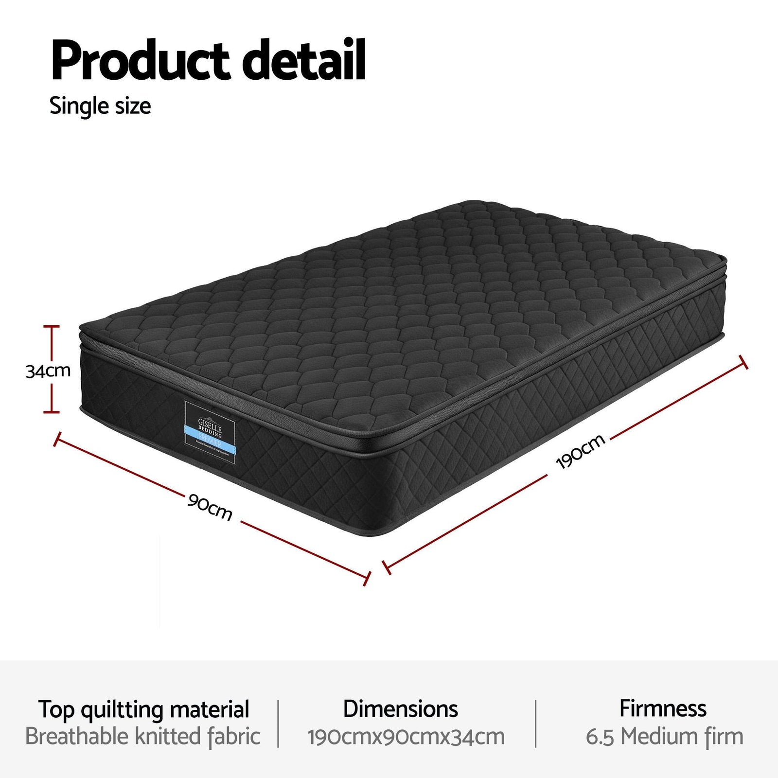 Single Mattress 34cm Euro Top with 5-Zone Pocket Spring Support Black
