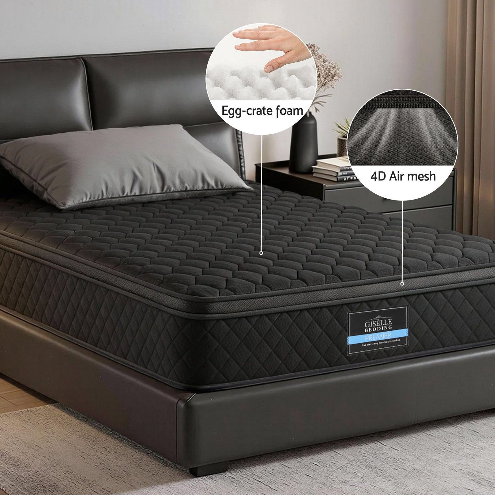 Single Mattress 34cm Euro Top with 5-Zone Pocket Spring Support Black