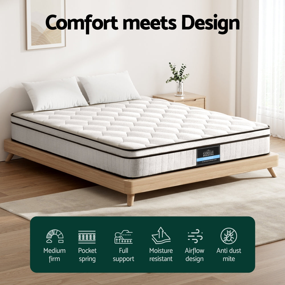 King 22cm Euro Top Pocket Spring Mattress Medium Firm Velvet Fabric