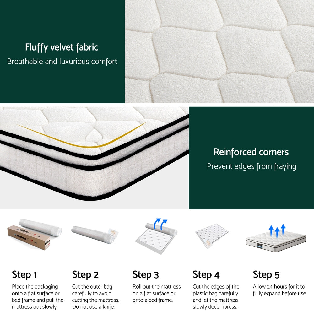 Queen 22cm Euro Top Pocket Spring Mattress Medium Firm Velvet Fabric