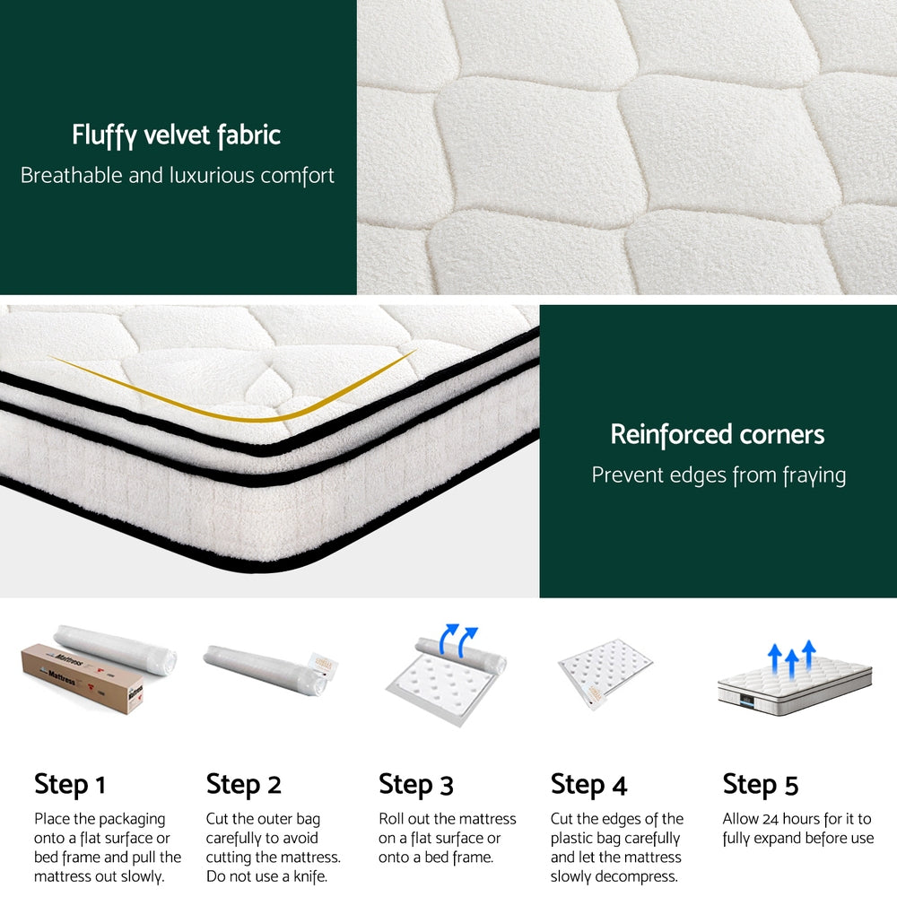 Single 22cm Euro Top Pocket Spring Mattress Medium Firm Velvet Fabric