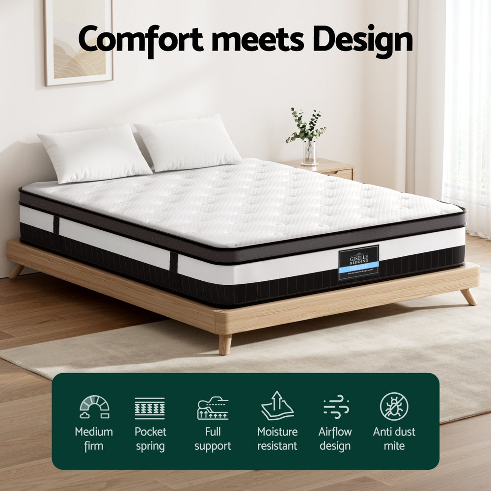 Queen 30cm Euro Top Pocket Spring Mattress Medium Firm Knitted Fabric