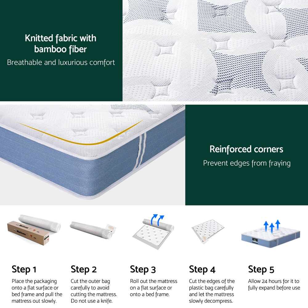 25cm Double Mattress Pocket Spring Euro Top Medium Firm Bamboo Fabric Bed