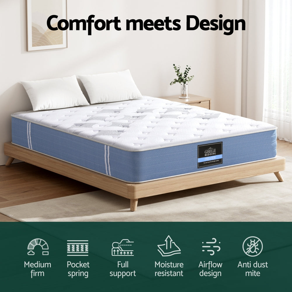 25cm King Mattress Pocket Spring Euro Top Medium Firm Bamboo Fabric Bed