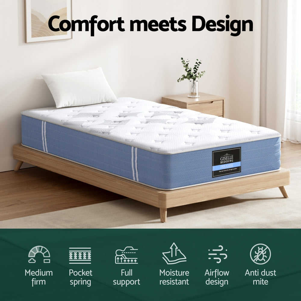 25cm King Single Mattress Pocket Spring Euro Top Medium Firm Bamboo Fabric