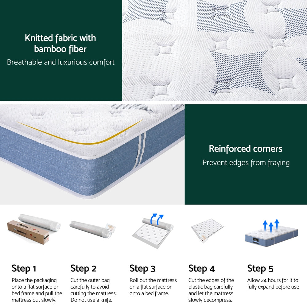 25cm Single Mattress Pocket Spring Euro Top Medium Firm Bamboo Fabric