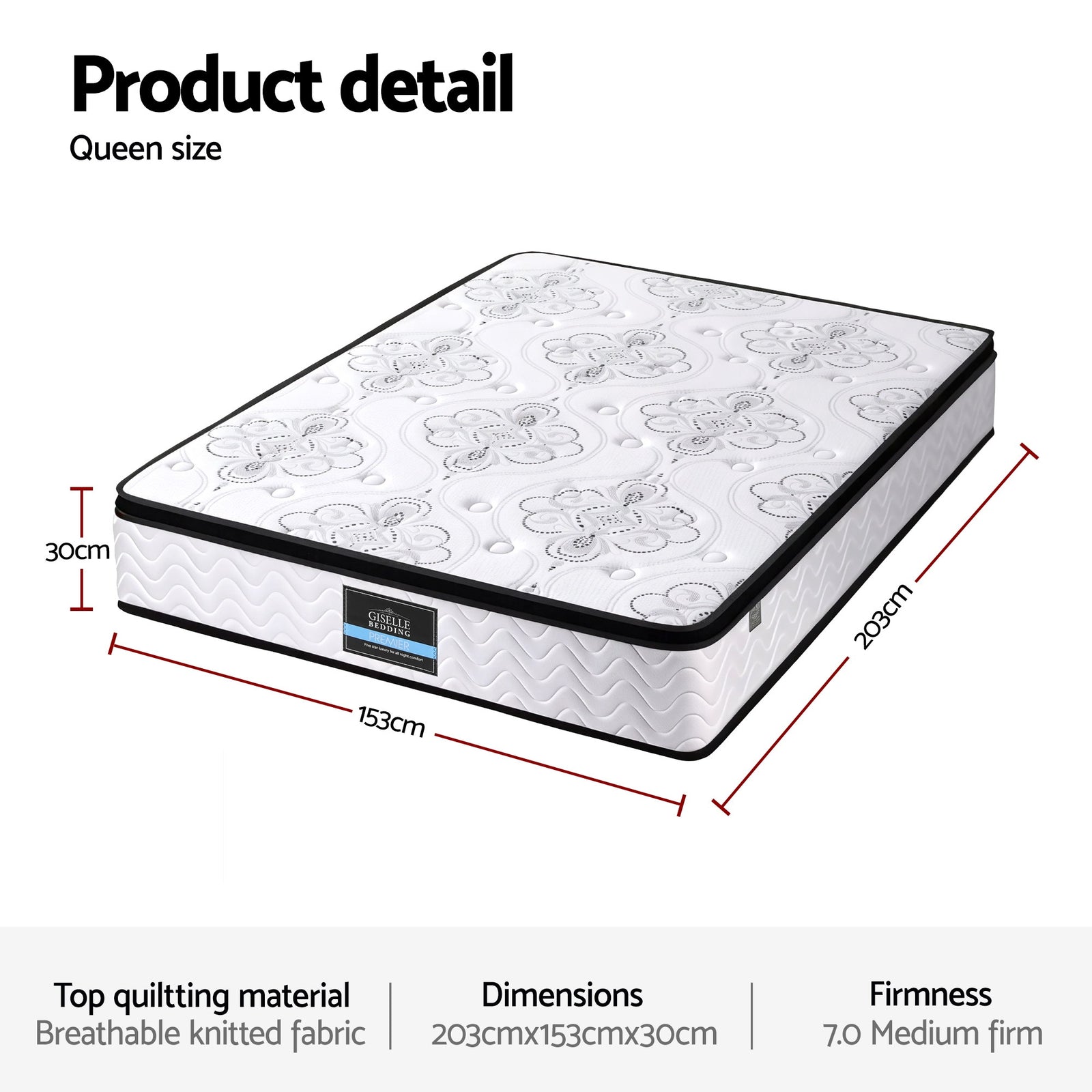 30cm Mattress Pocket Spring Medium Firm Foam Euro Top Queen