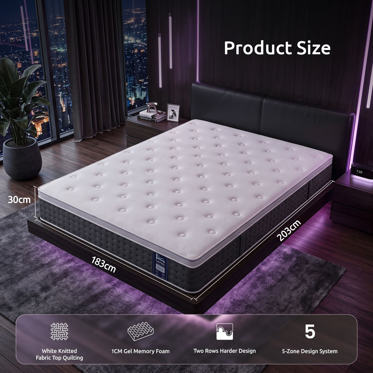 King Mattress Lumbar Support, 5-Zone Pocket Springs & 2-Row Hardened Edges for Deep Sleep, Cooling Gel Memory & Egg-Crate Foam