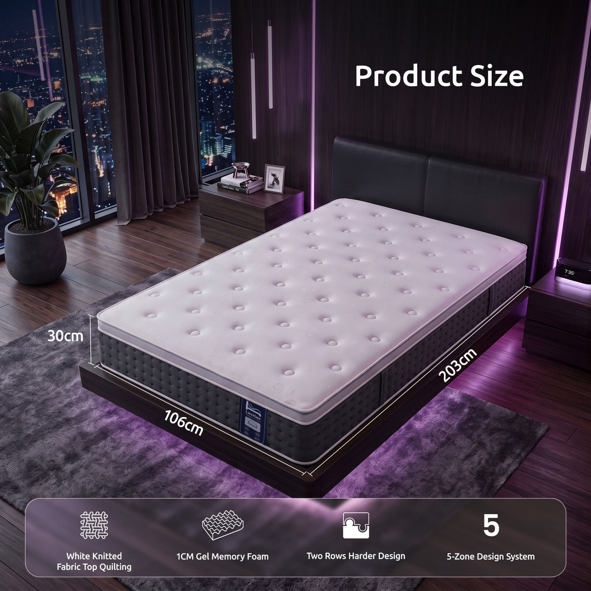 King Single Mattress Lumbar Support, 5-Zone Pocket Springs & 2-Row Hardened Edges for Deep Sleep, Cooling Gel Memory & Egg-Crate Foam
