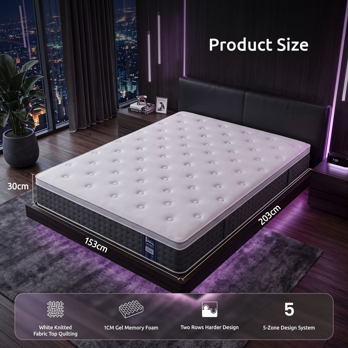 Queen Mattress Lumbar Support, 5-Zone Pocket Springs & 2-Row Hardened Edges for Deep Sleep, Cooling Gel Memory & Egg-Crate Foam