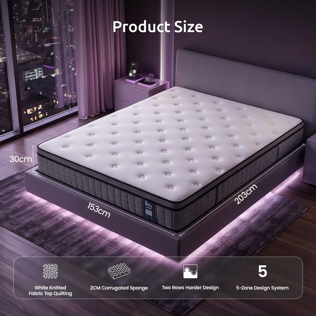 Queen Mattress 2 Rows Edge Support for Deep Sleep 5-Zone Ergonomic Pocket Spring Breathable Corrugated Sponge Medium Firm 30CM