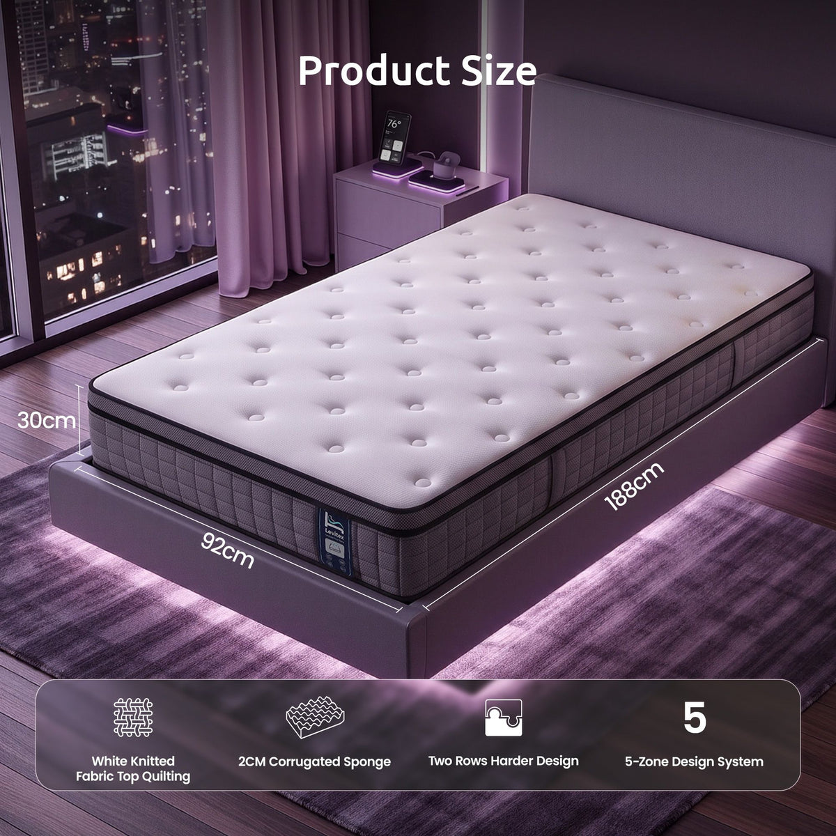 Single Mattress 2 Rows Edge Support for Deep Sleep 5-Zone Ergonomic Pocket Spring Breathable Corrugated Sponge Medium Firm 30CM