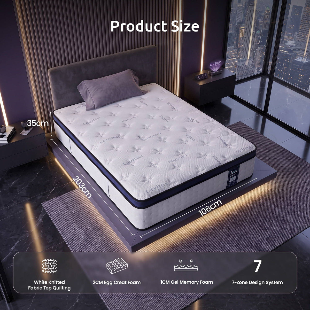 35CM King Single Mattresses Gel Memory Foam and 7-Zone Ergonomic Pocket Spring, Anti-Roll Dual-Row Edge, Triple Cooling System for Hot Sleepers