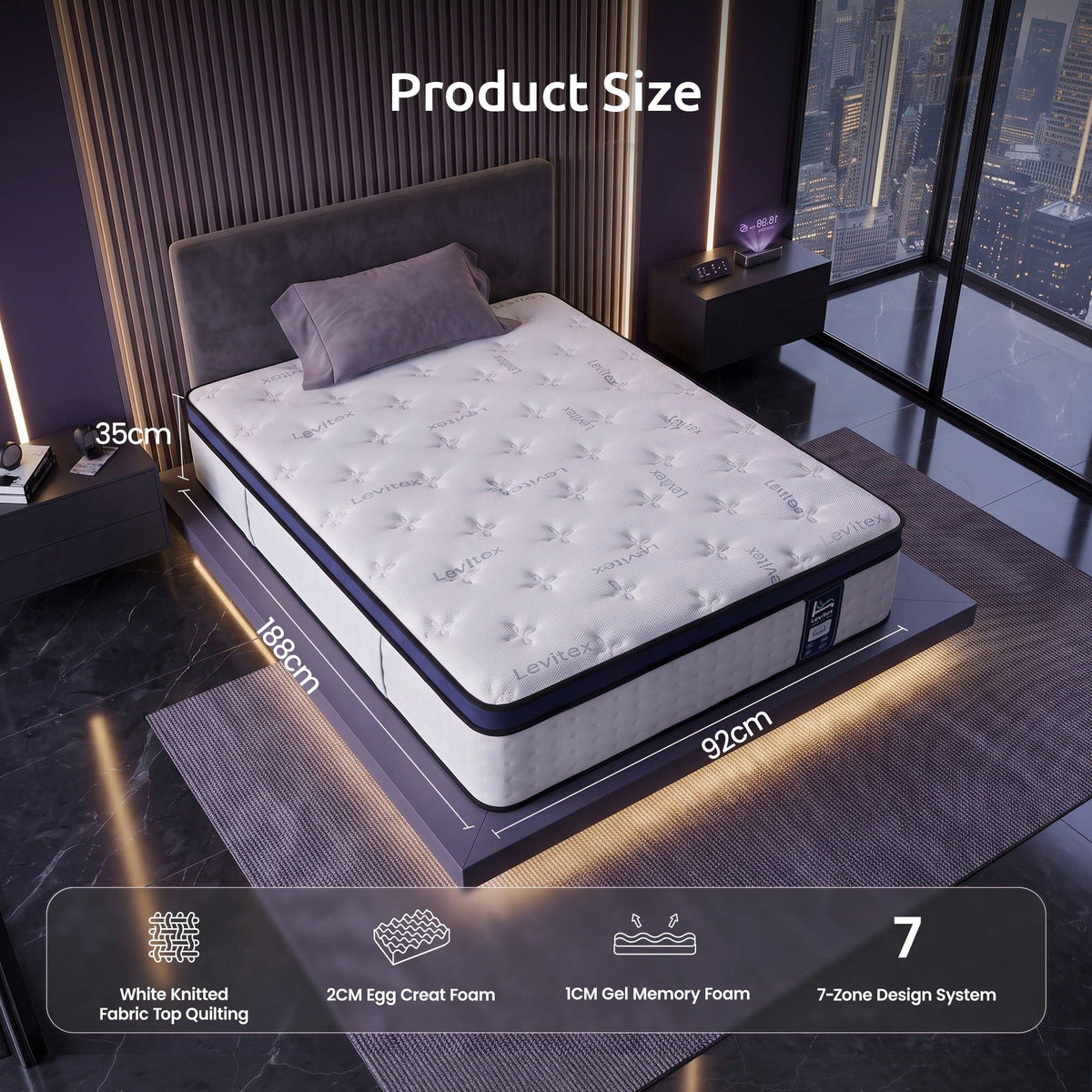 35CM Single Mattresses Gel Memory Foam and 7-Zone Ergonomic Pocket Spring, Anti-Roll Dual-Row Edge, Triple Cooling System for Hot Sleepers