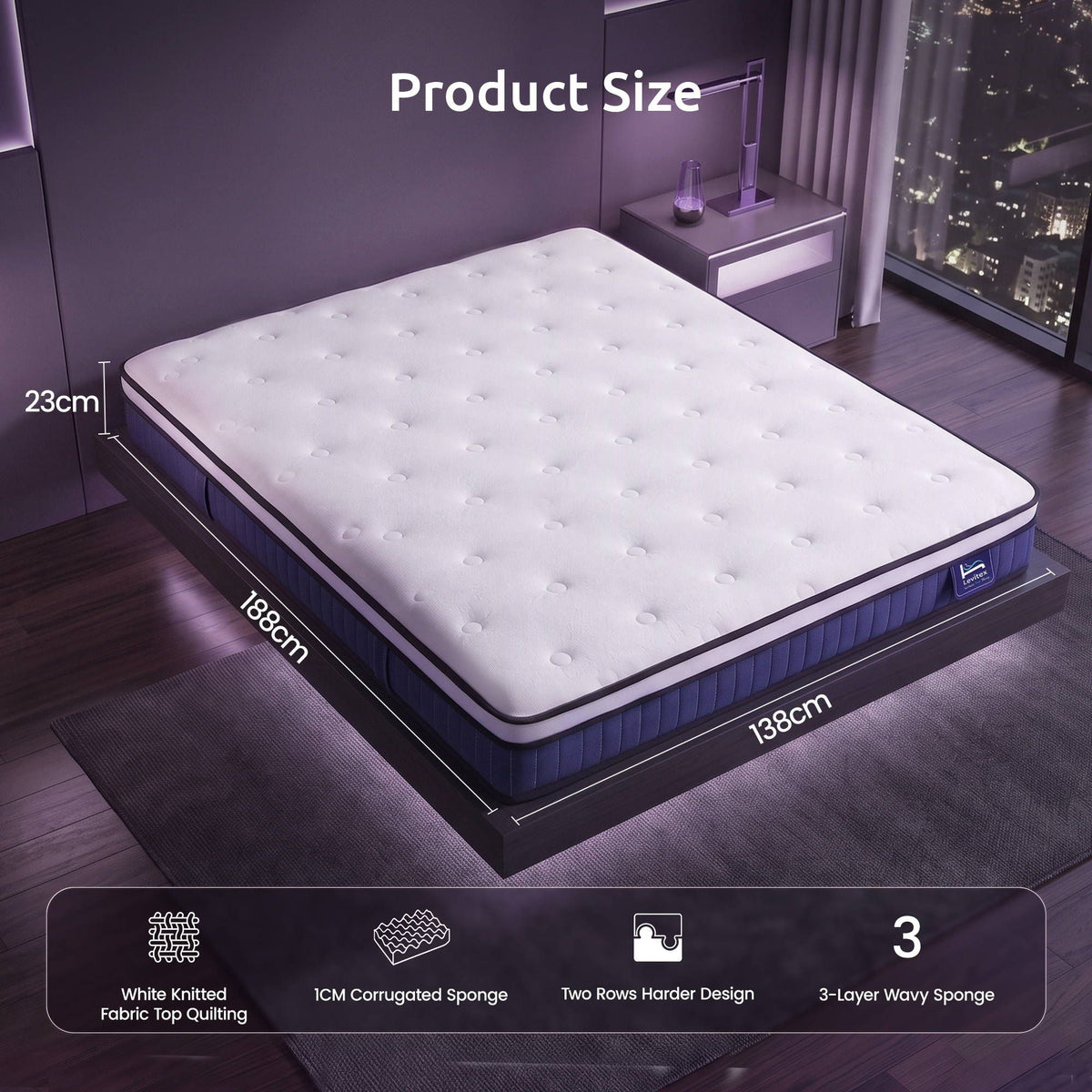 Double Mattress 23CM With Pocket Spring & Cooling Gel Foam, Medium-Firm Full-Body Support, Mattresses In A Box