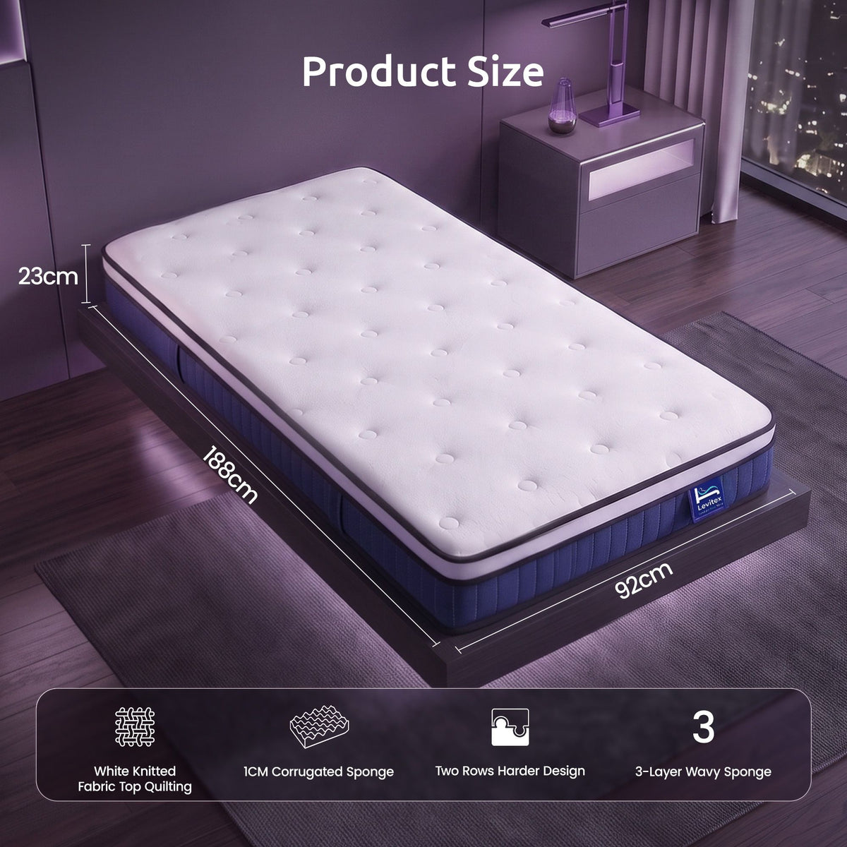 Single Mattress 23CM With Pocket Spring & Cooling Gel Foam, Medium-Firm Full-Body Support, Mattresses In A Box