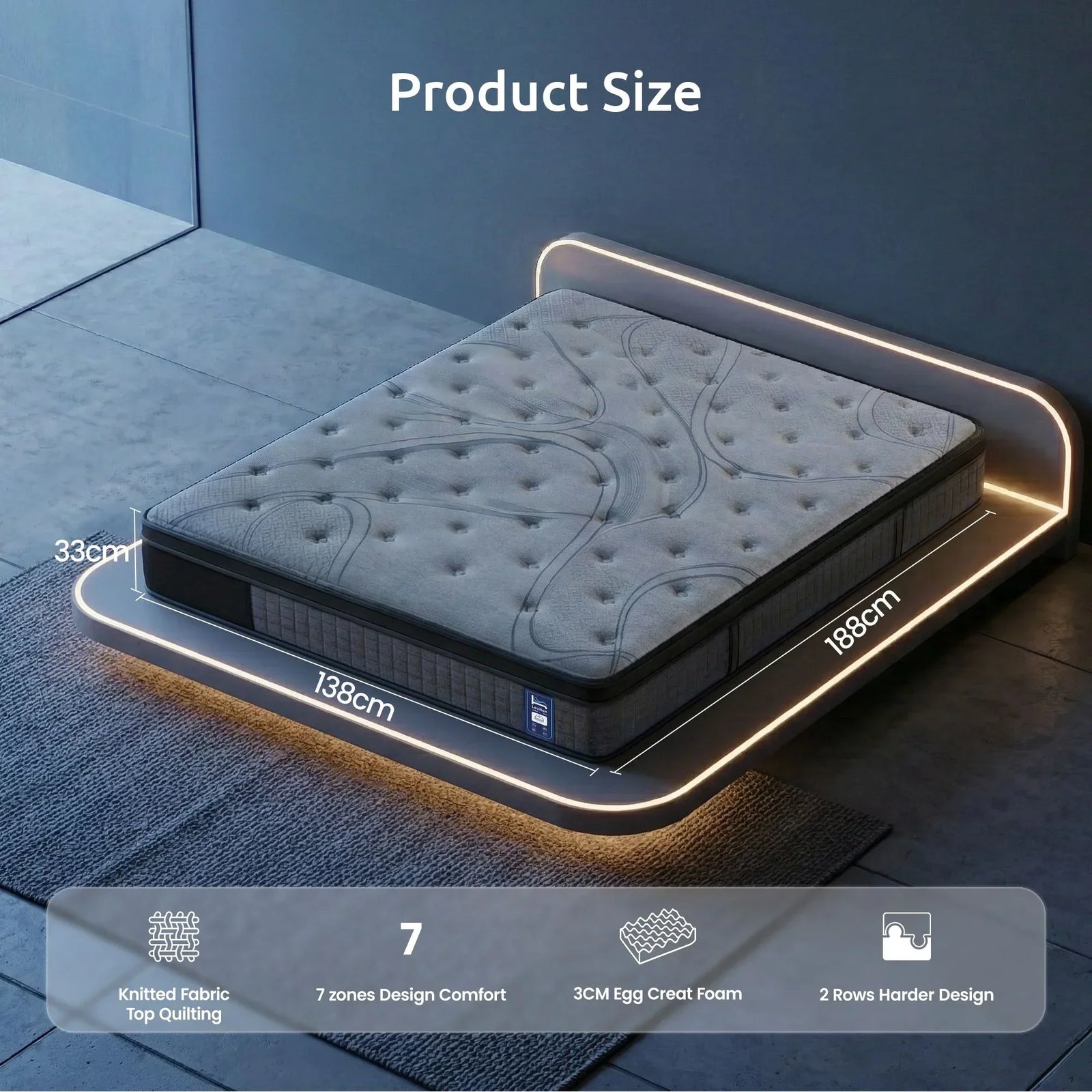 33 cm Mattress 8.0 Extra Firm 7-Zone Pocket Spring Mattress with Dual-Row Edge Support & Breathable Knit Cover Double