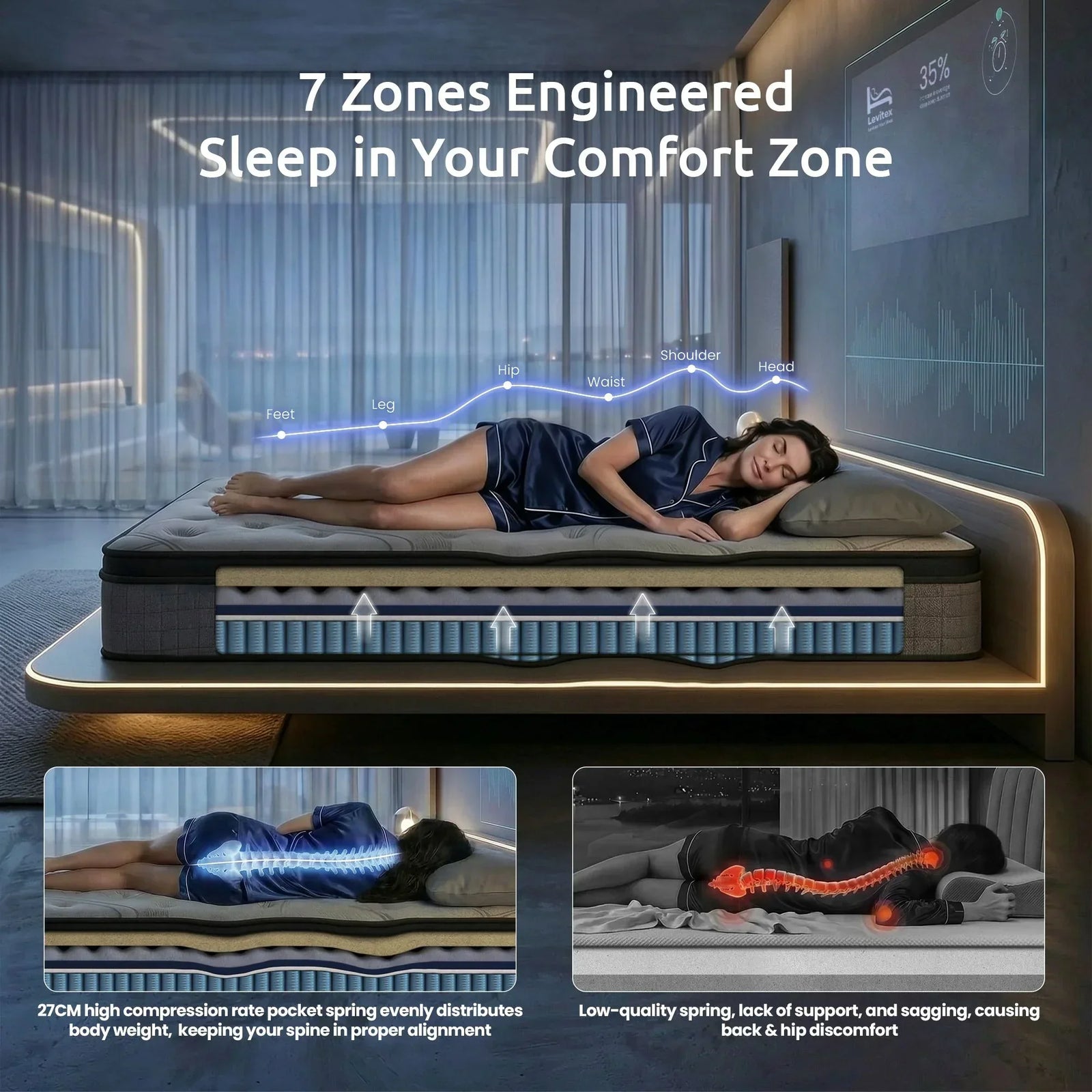 33 cm Mattress 8.0 Extra Firm 7-Zone Pocket Spring Mattress with Dual-Row Edge Support & Breathable Knit Cover Double
