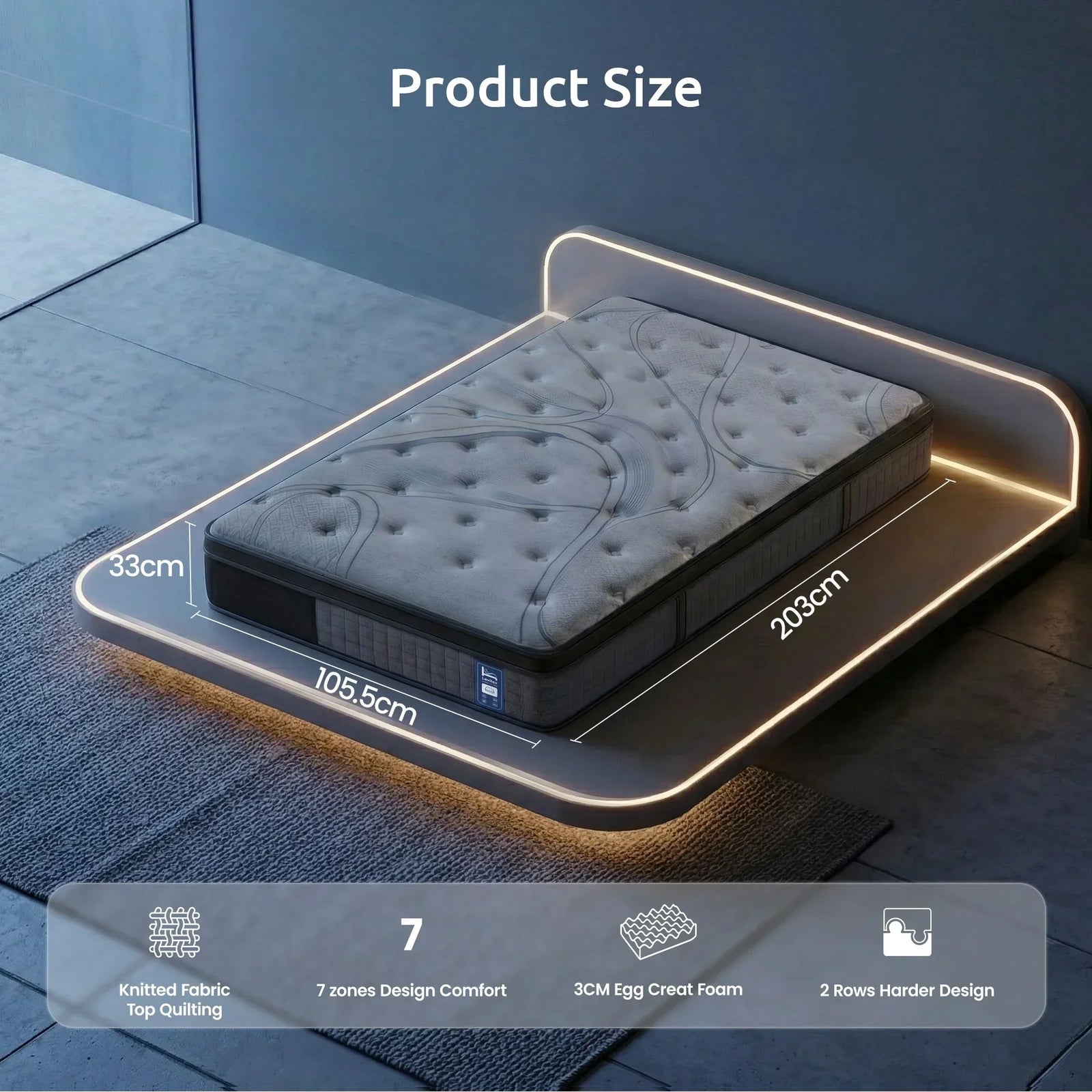 33 cm Mattress 8.0 Extra Firm 7-Zone Pocket Spring Mattress with Dual-Row Edge Support & Breathable Knit Cover King Single