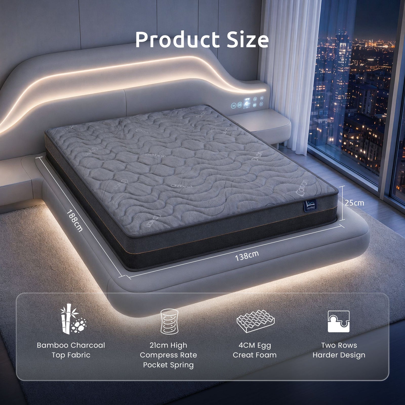 Double Mattress 25 cm Hybrid Pocket Spring with 4cm Egg Crate Foam for Deep Sleep Bamboo Charcoal Fabric