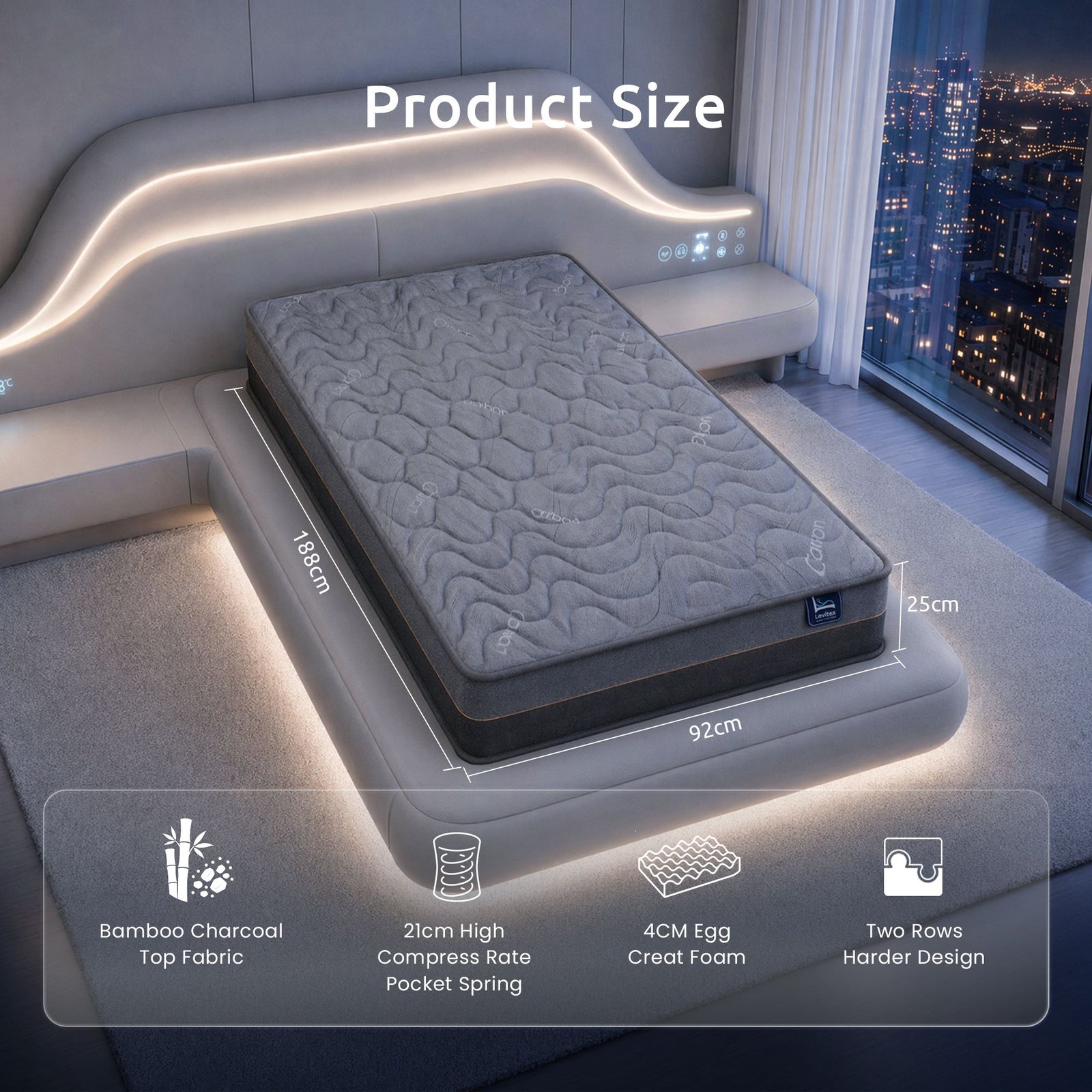 Single Mattress 25 cm Hybrid Pocket Spring with 4cm Egg Crate Foam for Deep Sleep Bamboo Charcoal Fabric