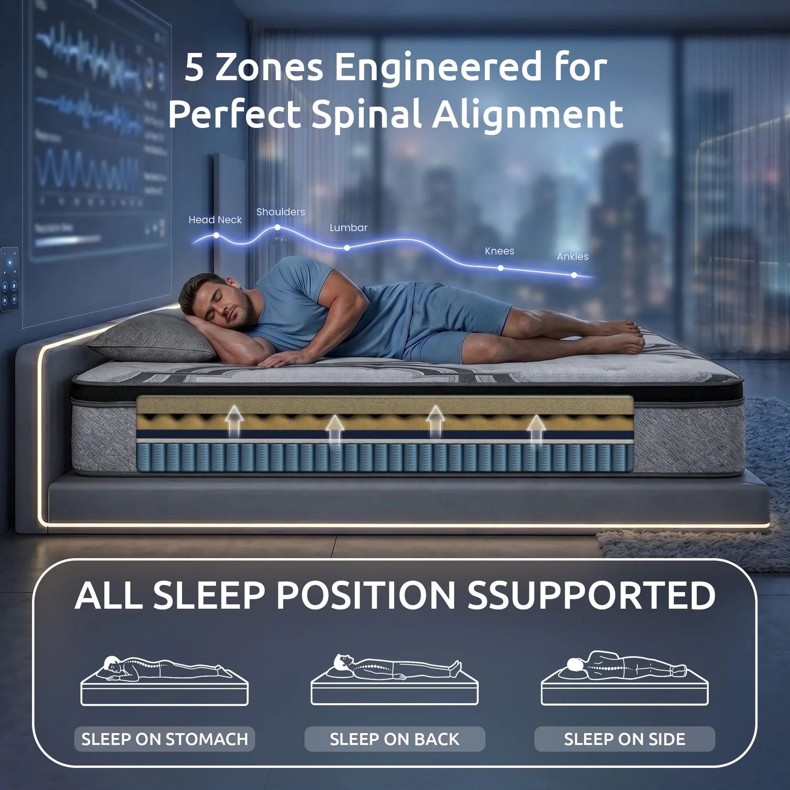 Double Mattress 34 cm 5-Zone Pocket Spring with Latex & Memory Foam or Extra Lumbar & Shoulder Support