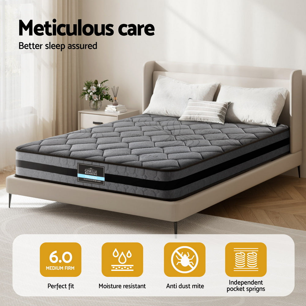 Queen Pocket Spring Mattress 22cm Medium Firm 5 Zone Comfort