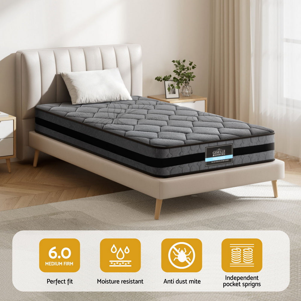 Wendell Pocket Spring Mattress Single 22cm 5-Zone Medium Firm Orthopedic Bed
