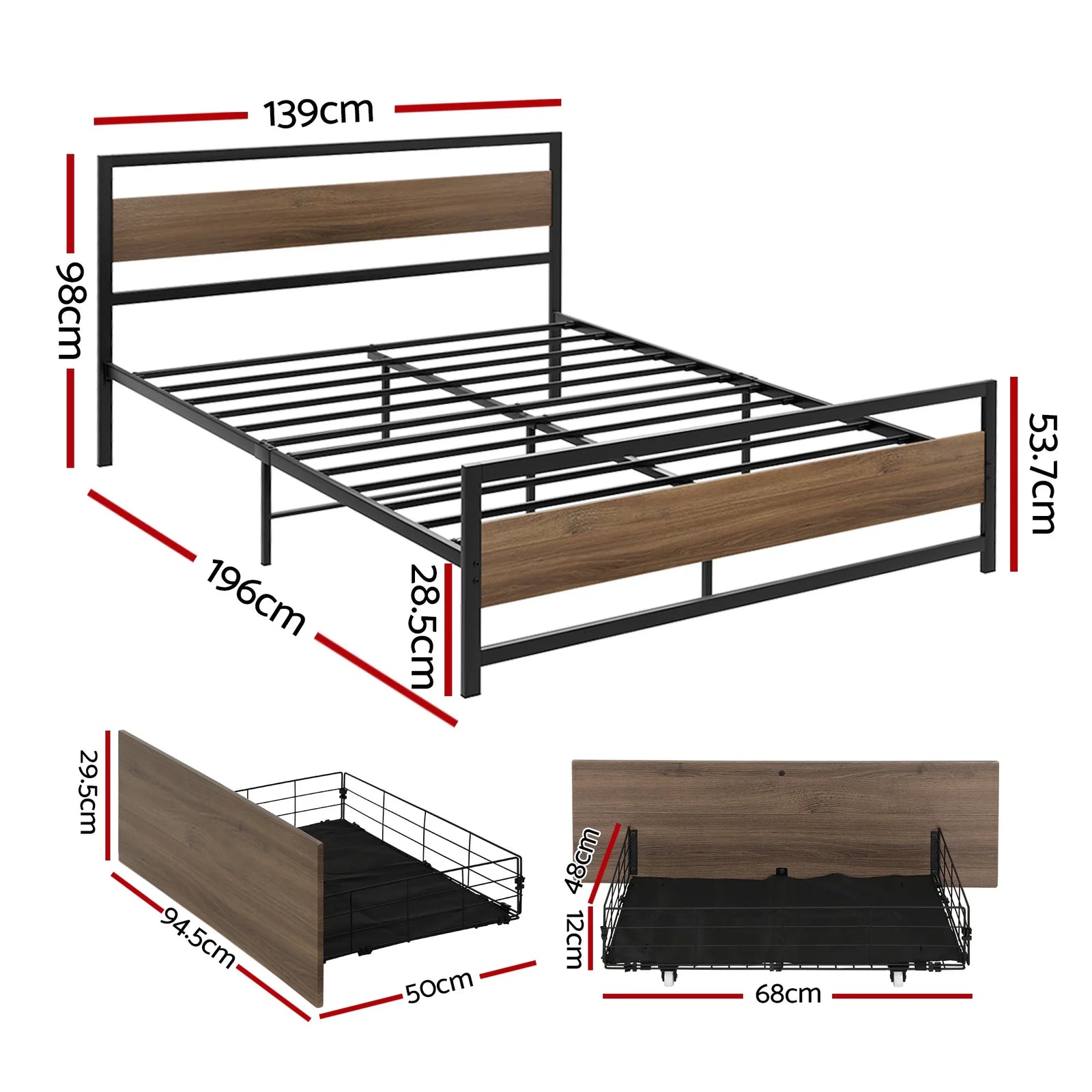 Bed Frame Double Size Metal Frame with 2 Drawers DREW