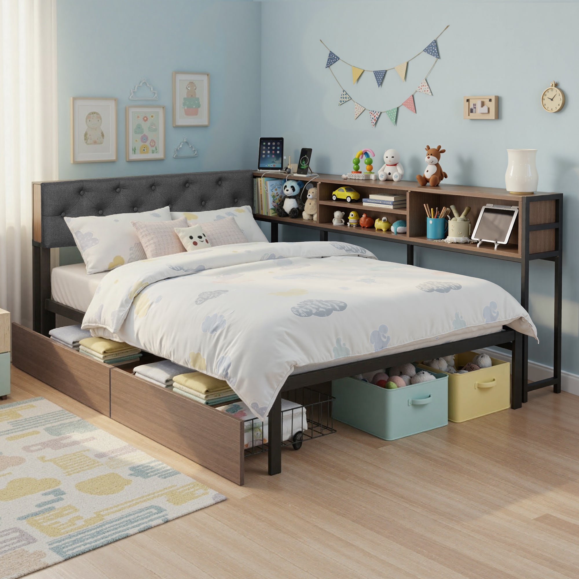Bed Frame King Single Size with 2 Drawers and Charging Station Metal Corner Bed Base