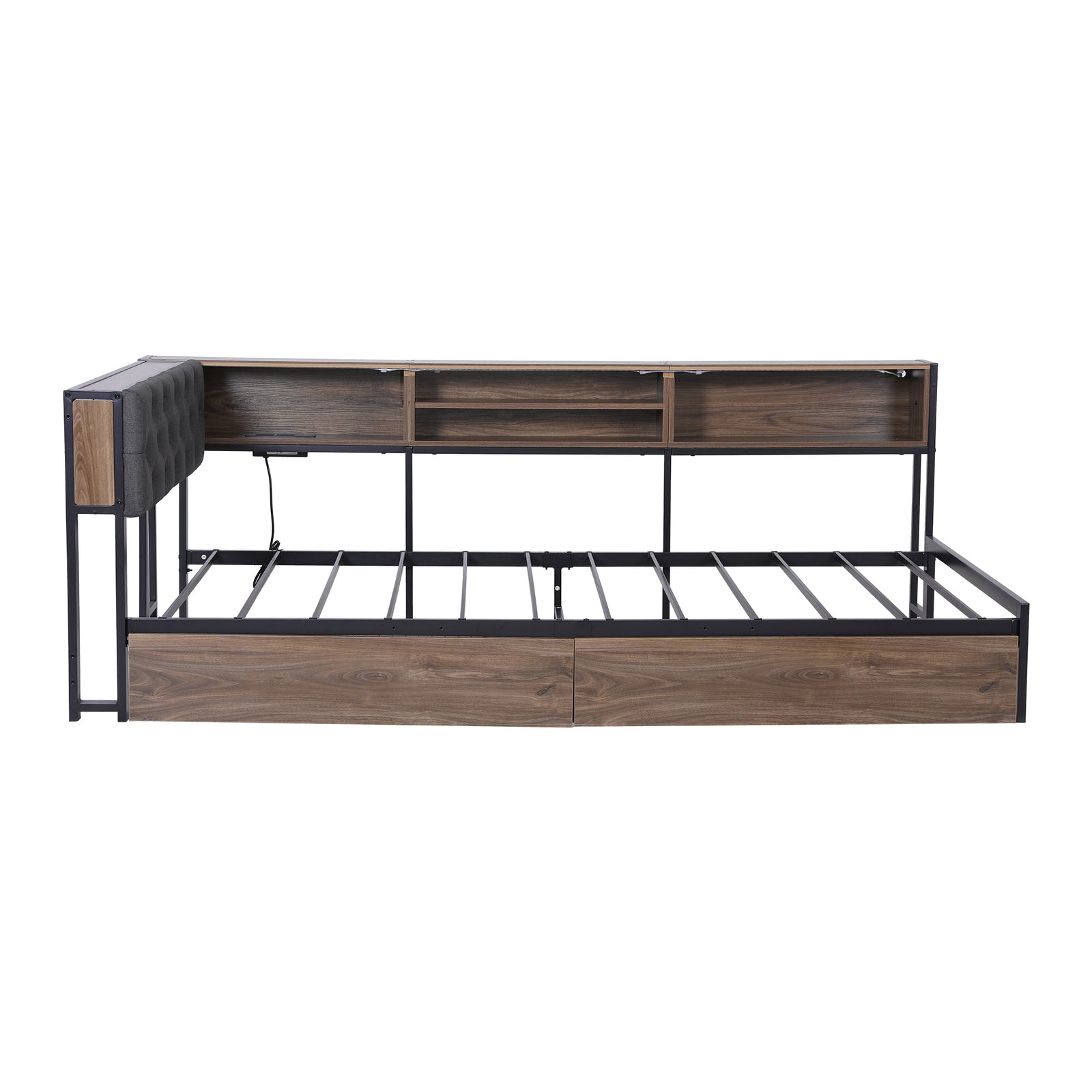 Bed Frame King Single Size with 2 Drawers and Charging Station Metal Corner Bed Base