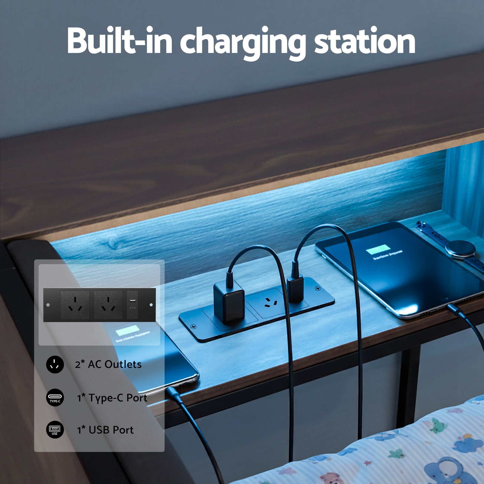 Bed Frame King Single Size with 2 Drawers and Charging Station Metal Corner Bed Base