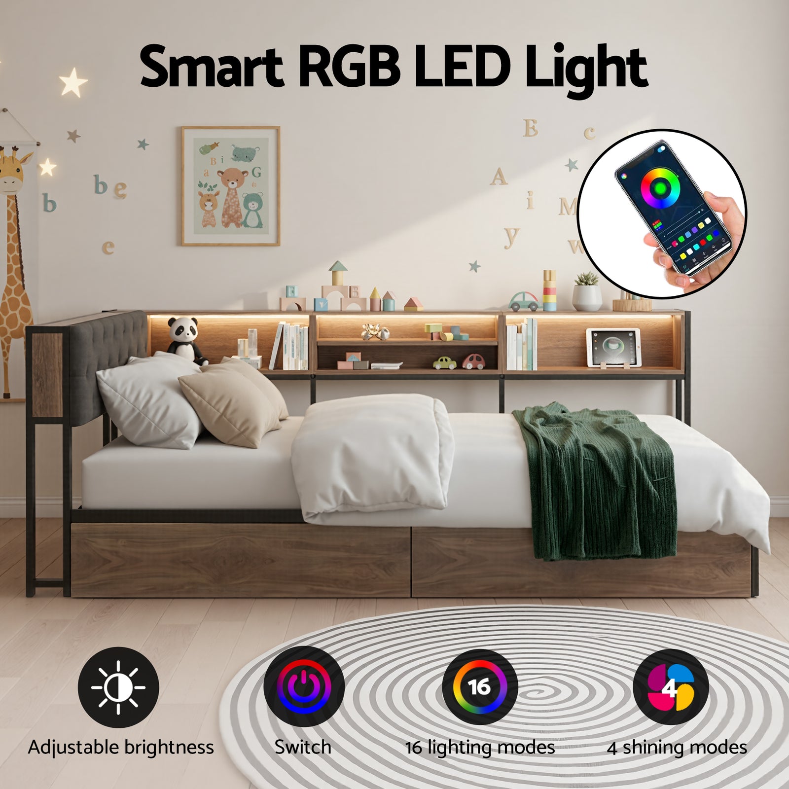 Bed Frame King Single Size with 2 Drawers and Charging Station Metal Corner Bed Base