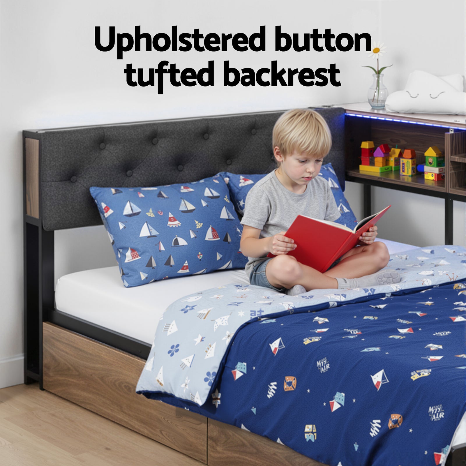 Bed Frame King Single Size with 2 Drawers and Charging Station Metal Corner Bed Base