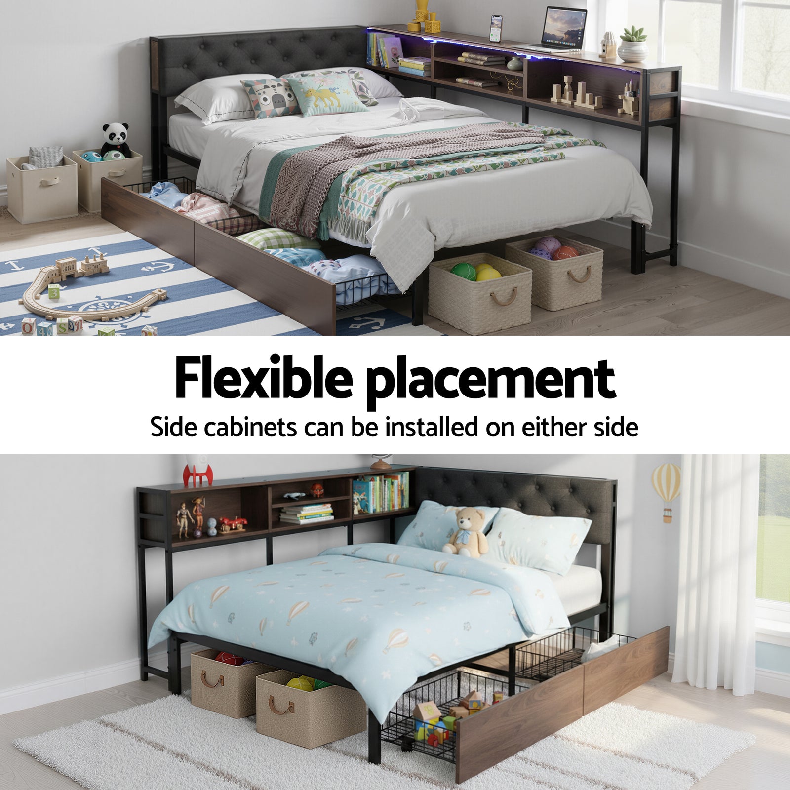 Bed Frame King Single Size with 2 Drawers and Charging Station Metal Corner Bed Base